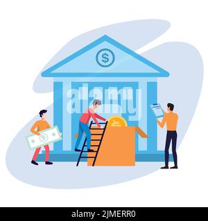 Un vettore cartoon di banca circondato da persone che mettono i risparmi in scatola Illustrazione Vettoriale