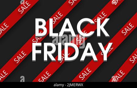 Black Friday segno di vendita con nastri rossi su sfondo nero. Concetto di black friday. Black Friday sale Mockup, modello. Foto Stock