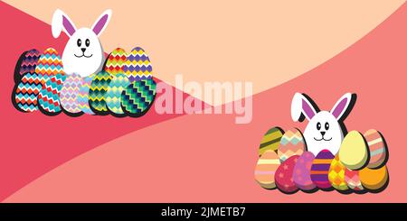 Modello di banner astratto per la caccia all'uovo di Pasqua . Biglietto d'auguri, poster o banner con coniglietto e uovo di Pasqua. Sfondo primaverile Illustrazione Vettoriale