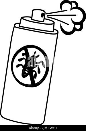 Icona bomboletta aerosol, barbatella disegnata a mano. Repellente per insetti, uccidendo scarafaggi, insetti, formiche. Illustrazione vettoriale isolata su sfondo bianco Illustrazione Vettoriale