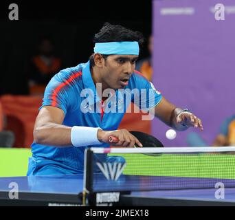 NEC Birmingham, Birmingham, Regno Unito. 5th ago 2022. Common Wealth Games : Ping-pong: .Achanta Sharath Kamal (IND) & .Quek Yong Izaac (Credit Image: © Seshadri Sukumar/ZUMA Press Wire) Foto Stock