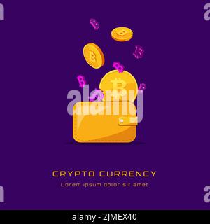iscrizione criptovaluta e bitcoin-monete in stile isometrico che volano fuori dal portafoglio insieme a segni di volume bitcoin Illustrazione Vettoriale