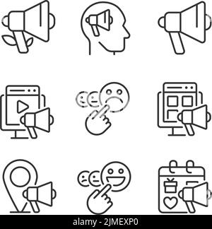 Canali di marketing pixel perfetto lineare icone set Illustrazione Vettoriale