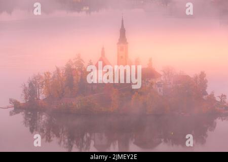 Lago di Bled, Slovenia in autunno, Chiesa di San Marys Foto Stock