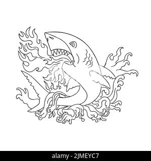 Squalo che respira il fuoco saltando in su con Waves Vintage Tattoo stile nero e bianco Foto Stock