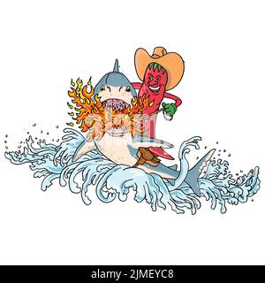 Cowboy Hot Chili Pepper Riding a Shark Breathing Fire saltando in su con Waves Vintage Tattoo stile Foto Stock
