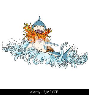 Grande squalo bianco che respira il fuoco indossando Saddle saltando con onde Vintage Tattoo stile Foto Stock