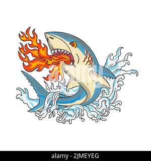 Grande squalo bianco che respira il fuoco saltando in su con Waves Vintage Tattoo stile Foto Stock