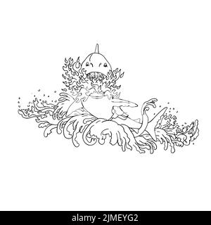 Squalo che respira il fuoco indossando Saddle saltando con onde Vintage Tattoo in bianco e nero Foto Stock