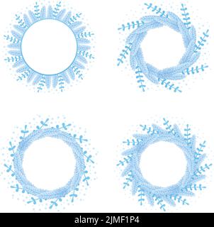 Set di cornici di Natale argento decorazione di Capodanno ramo neve abete in stile cartone animato Illustrazione Vettoriale