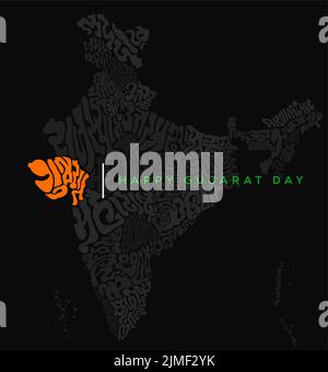 Buon giorno del Gujarat. La scritta della mappa di Gujarat in Gujarati script. Jai Gujarat. Illustrazione Vettoriale