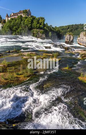 Wasserfall Rheinfall und Schloss Laufen bei Neuhausen am Rheinfall, Schweiz, Europa | Cascate del Reno e Castello di Laufen, Neuhausen am Rheinfall, Svizzerz Foto Stock
