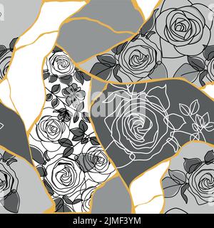 Rose con motivo senza cuciture e stampa vettoriale patchwork in tessuto. Arte di restauro giapponese Kintsugi con cuciture incrinate. Stampa a colori di tendenza grigio e oro. Illustrazione Vettoriale