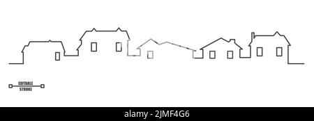 Case di quartiere contorno paesaggio panoramico. Costruzione continua a una linea che disegna la silhouette. Illustrazione vettoriale minimalista. Illustrazione Vettoriale