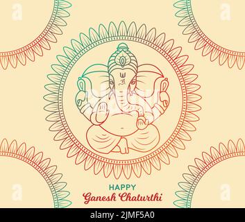 Buon Ganesh Chaturthi biglietto d'auguri mandala. Grafica artistica Hindu Indian Worship Festival. Line ART disegno gradiente Poster disegno vettoriale arte Illustrazione Vettoriale