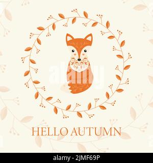 Cute Red Fox con ornamento su Wool Greeting Card Template Ciao autunno Illustrazione Vettoriale