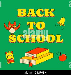 Banner verde Back to School in stile retro Groove Illustrazione Vettoriale