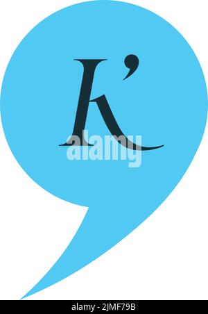 Lettera K latina in fumetto blu. Logo per pr o società di pubblicità, monogramma alla moda. Simbolo di comunicazione. Illustrazione Vettoriale
