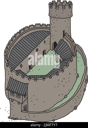 Il disegno a mano vettorizzato di un antico castello in pietra Illustrazione Vettoriale