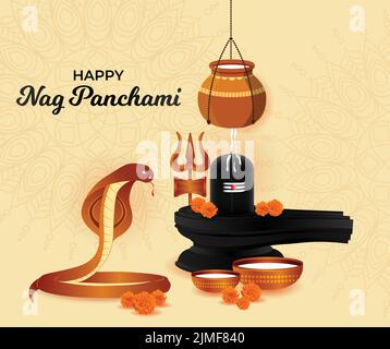 Happy Nag Panchami biglietto di auguri con re cobra serpente, latte, brividi. Hindu adorazione Festival India. Illustrazione vettoriale poster dal design realistico. SOC Illustrazione Vettoriale