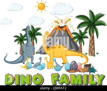 Famiglia di dinosauri con illustrazione di oggetti di foresta Illustrazione Vettoriale