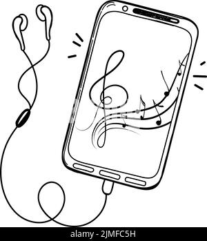 Uno smartphone con cuffie, disegnato a mano in stile boodle-sketch. Un dispositivo per l'ascolto di musica. Vettoriale in un semplice stile cartoon. Elementi isolati Illustrazione Vettoriale