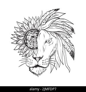 Leone con Helianthus girasole Feather e foglie come Mane visto dal Tattoo anteriore disegno in bianco e nero Foto Stock