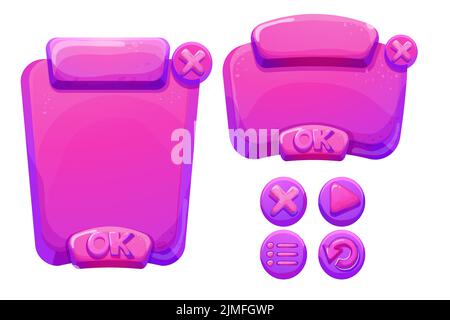 Set Jelly, fantasy interfaccia template menu di gioco e pulsanti di impostazione in stile cartoon isolato su sfondo bianco. Risorsa UI, frame per la progettazione delle impostazioni. Elemento casual web 2D. Illustrazione vettoriale Illustrazione Vettoriale