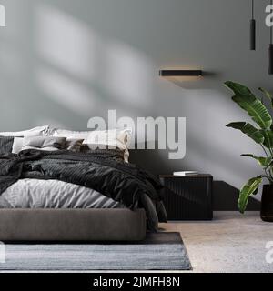 Interni moderni in tonalità di grigio, camera da letto mock up, 3D rendering Foto Stock