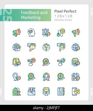 Feedback e marketing pixel perfetto RGB icone a colori set Illustrazione Vettoriale