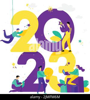 Illustrazione per il nuovo anno 2023. Vettore. Le persone lavorano intorno ai numeri. Uomini d'affari festeggiano il Natale. I dipendenti dell'ufficio stanno andando a celebrarsi Illustrazione Vettoriale