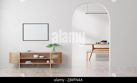 Cornice orizzontale mock up in moderno ambiente interno in colore bianco con arco, mobili in legno, rendering 3D Foto Stock