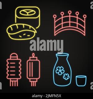 Simboli nazionali del Giappone neon set di icone. Ponte tradizionale, sake drink, sushi e lanterna giapponese. Illustrazione vettoriale. Illustrazione Vettoriale