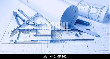 Rotoli di architettura blueprint e casa piani Foto Stock