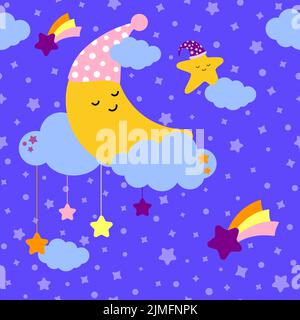 Ripetizione senza giunture. Una carina luna gialla dorme in nuvole su sfondo blu. Tema ninna nanna. Vettore Illustrazione Vettoriale