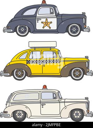 Il disegno a mano vettorizzato di tre grandi auto retrò americane Illustrazione Vettoriale