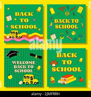 Set di Banner Back to School in Groove Style Party Cards Illustrazione Vettoriale