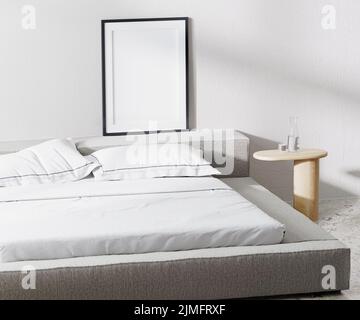 Struttura a poster con tappetino in camera con letto e cuscini e comodino con parete bianca su sfondo, 3D rendering Foto Stock