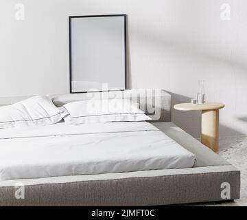 Struttura a baldacchino in camera con letto e cuscini e comodino con parete bianca su sfondo, 3D rendering Foto Stock