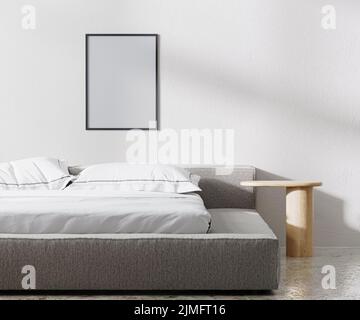 Cornice mockup in camera da letto interno, stile minimalista, parete bianca, render 3D Foto Stock