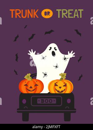 Halloween Spoky Trunk o Treat Cute vettore poster. Camion di vacanza con fantasma, zucche, ragno, pipistrelli spaventoso personaggi elemento di disegno cartoon Illustrazione Vettoriale