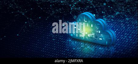 Tecnologia di cloud computing Internet su codice binario con background astratto. Servizio cloud, concetto di storage cloud. Rendering 3D. Foto Stock