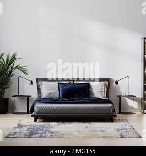 Home camera da letto interno mock up con letto e cuscino blu scuro, comodini, pianta con parete bianca vuota sfondo, 3D illustra Foto Stock