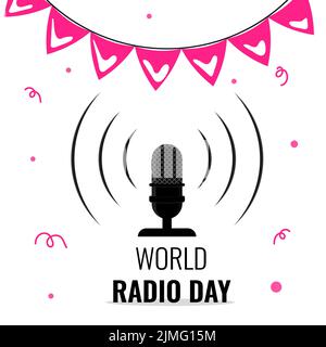 World radio Day Card microfono parlante bandiere di vacanza Illustrazione Vettoriale