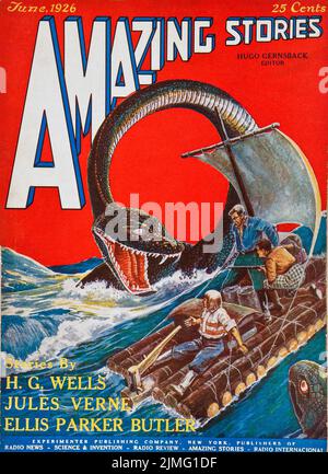 Copertina di Amazing Stories Giugno 1926, Volume 1, numero 3. Copertina raffigura "un viaggio al centro della Terra" (viaggio al centro della Terra) di Jules Verne. Copertina di Frank R. Paul Foto Stock