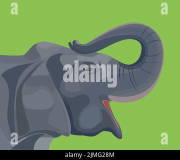 Un disegno vettoriale di una testa di elefante realistica su sfondo verde, tema della fauna selvatica Illustrazione Vettoriale