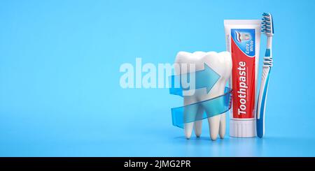 Dente con freccia, spazzola per denti e pasta per denti su sfondo blu. Concetto di protezione dei denti. 3d illustrazione Foto Stock