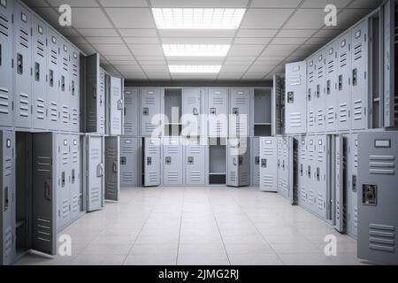 Sala School Locker con porte aperte e chiuse. 3d illustrazione Foto Stock