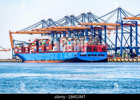 Le grandi navi portacontainer vengono caricate mentre sono legate a un bacino commerciale con alte gru a portale in una chiara giornata estiva Foto Stock
