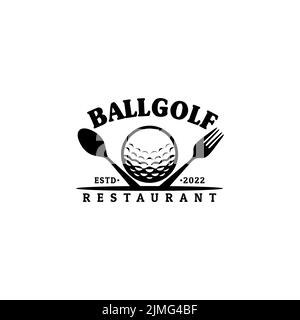Ristorante Golf Bar con design con logo Ball e Spoon Fork incrociato Illustrazione Vettoriale